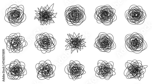 Vector art of collection of handdrawn scribble circles set of chaotic doodle rings, random lines, and tangled shapes for creative design projects and artistic expression