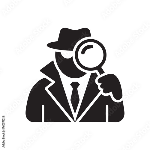 Detective in hat and coat using magnifying glass for crime scene investigation and searching for clue representing mystery and forensic analysis