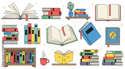 Vector art of collection of colorful books stack of literature, open book with bookmark, bookshelf, and cup of coffee for reading, education, and library concept
