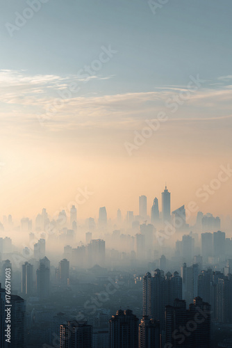 Misty cityscape featuring silhouetted buildings, suggesting atmosphere, pollution, urban density. Perfect for illustrating environmental issues, growth, or a sense of mystery.