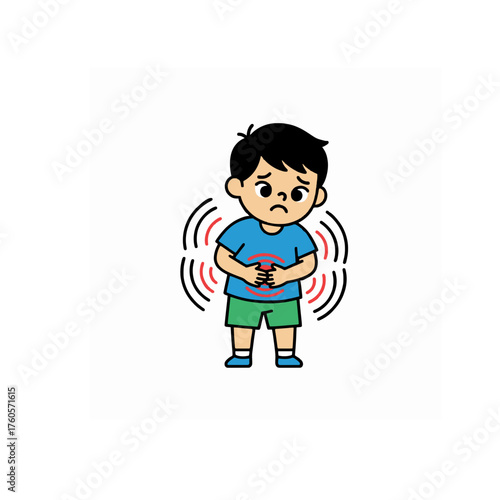 Vector illustration of a sad cartoon child suffering from a severe stomach ache and abdominal pain, depicting a common symptom of illness and discomfort, needing immediate care