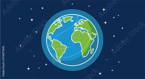 Stylized illustration of planet Earth from a space view showing the continents against a starry night sky background