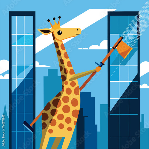 "Funny Cartoon Giraffe Cleaning Skyscraper Windows – Urban Animal Character Vector"