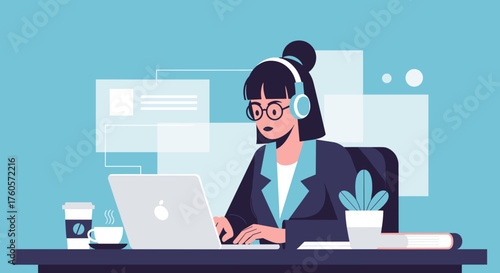 Focused businesswoman wearing headphones works on laptop at desk