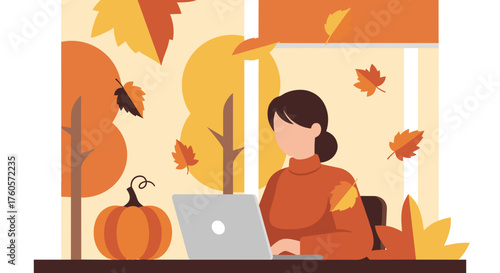 Cozy fall work from home Woman using laptop surrounded by autumn leaves and pumpkin