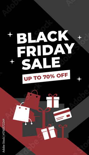 Black Friday Sale banner with shopping bags gifts and credit card for discount promotions