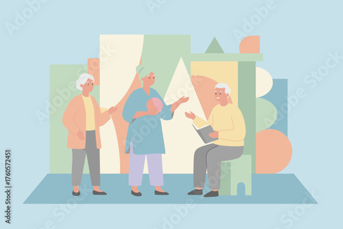 Active seniors conversing and reading depicting healthy aging and social engagement