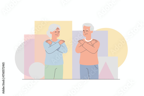 Senior couple smiling arms crossed representing wellbeing healthy aging and confidence