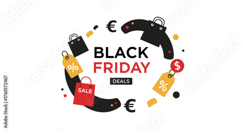 Seasonal Black Friday sale graphic with shopping bags and discount tags