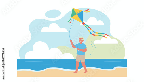 Smiling senior man flying a colorful kite on a sunny beach Joyful summer leisure and active retirement