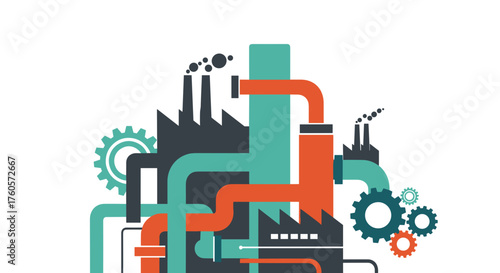 Abstract industrial manufacturing process system with gears pipes and factories