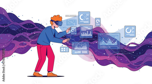 Vector art of a man wearing a virtual reality headset interacts with floating data visualizations, immersed in a digital world of information and technology