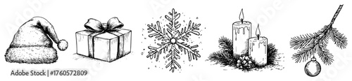 Hand drawn Christmas icons vector set. Vintage holiday sketch collection with Santa hat, gift, snowflake, and candles.