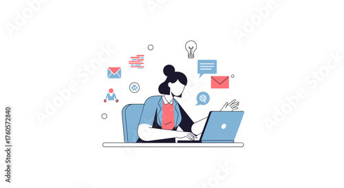 Businesswoman manages digital tasks emails ideas and communication flow on laptop