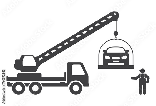 person near car truck with crane machine load automobile icon