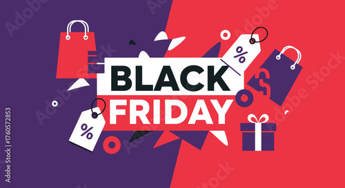 Black Friday sale banner illustration with shopping bags gift box and discount tags