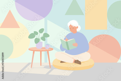 Senior woman enjoys writing in her journal at home embracing peaceful leisure time