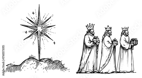 Three Kings and Star of Bethlehem vector icon set. Hand drawn Christian Nativity and Epiphany scene with Magi, vintage sketch illustration.