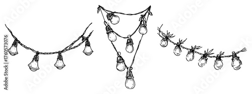 Hand-Drawn String Lights Garlands – Black & White Vector Christmas Fairy Light Doodles