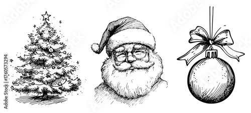 Hand-Drawn Christmas Trio – Santa Claus Portrait, Snowy Tree and Ornament Bauble, Black Vector Sketch