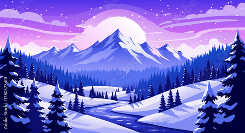 Serene winter wonderland digital illustration of a snowy mountain range, a winding river, and a vibrant purple sky at twilight