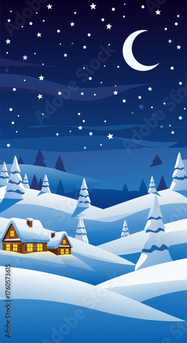 Peaceful winter night scene with snow covered cottages, pine trees on rolling hills under a starry sky and crescent moon