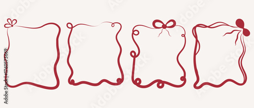 Vector art of group of four artistic, handdrawn red frames and borders with charming details like bows and floral accents, isolated on a light background