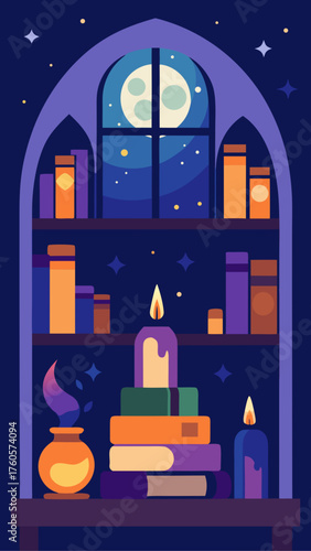Magical bookshelf with books candles and moonlit window at night