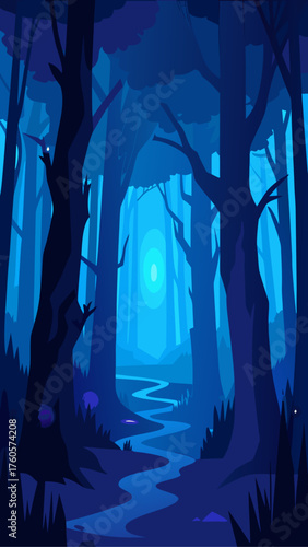 Mysterious blue forest at night with a winding river and glowing moon
