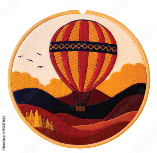 Whimsical hot air balloon embroidery art, perfect for nursery decor and creative craft projects, adding a touch of vintage charm and inspiration to any space