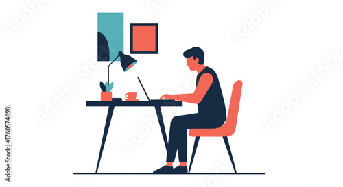 Stylized worker using laptop on desk with coffee and plant, perfect for remote work illustrations or modern business presentations and website designs