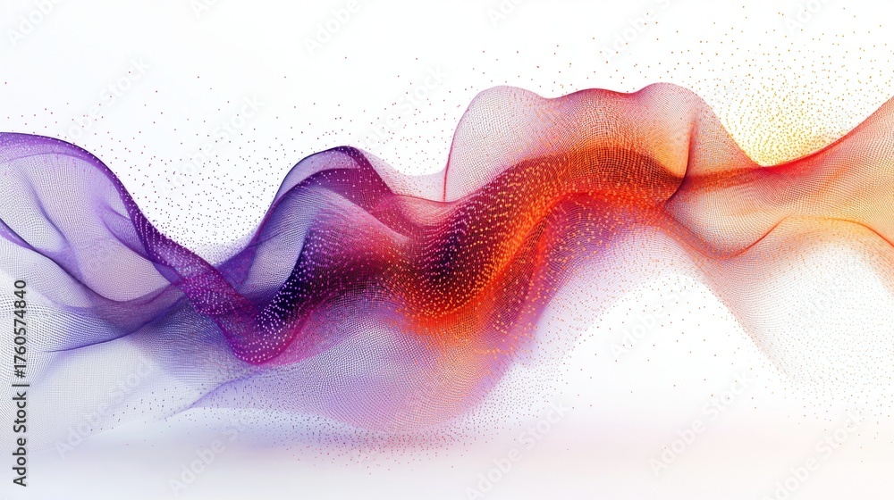 Obraz premium Abstract Wavy Particle Flow with Gradient Colors: Purple, Red, Orange, and Gold on White Background for Modern Design