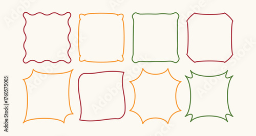 Vector art of assortment of eight diverse frames in various shapes and colors, featuring wavy, angular, and irregular borders, isolated on a light background