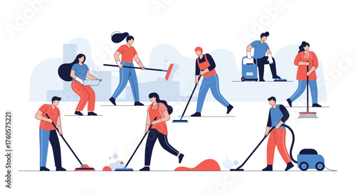 Professional cleaning team performing various tasks for a spotless environment.