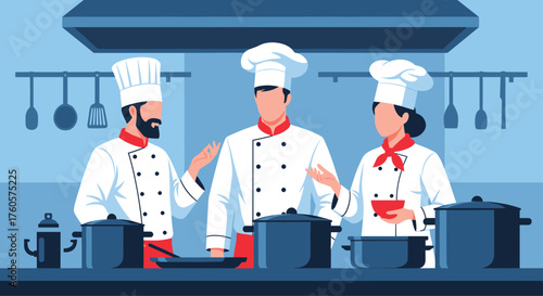 Three chefs working together in a modern kitchen preparing food for a meal.