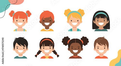 A diverse group of happy children smiling together in a playful illustration.