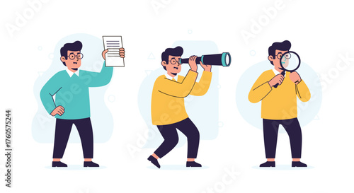 Man looking for something with a phone telescope and magnifying glass.