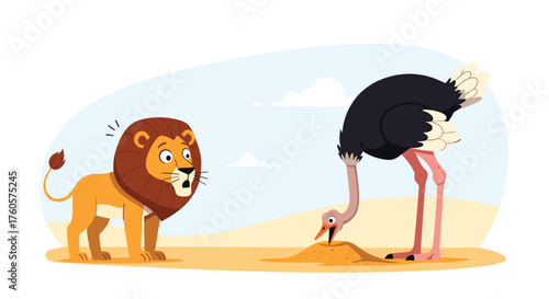 A surprised lion watches an ostrich bury its head in the sand.