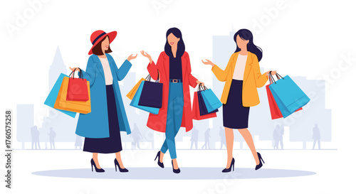 Three stylish women enjoying a shopping trip together.