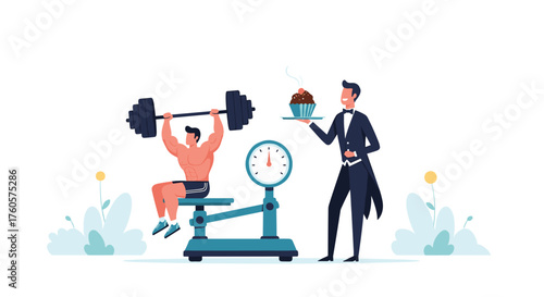 Man lifting weights on a scale being served a cupcake.