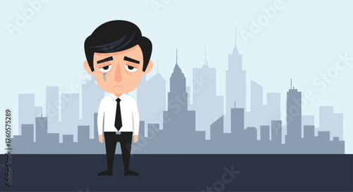 A sad businessman standing in front of a city skyline.