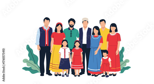 A diverse group of people in traditional clothing stand together with plants in the background.