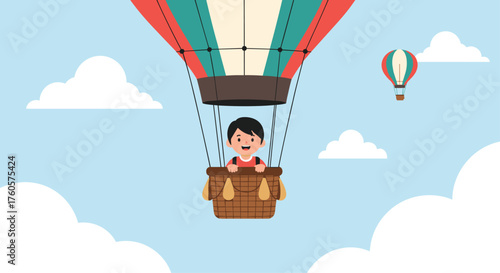 A cheerful child enjoys a scenic hot air balloon ride above the clouds.