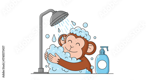 A happy monkey enjoys a refreshing shower with soap and bubbles.