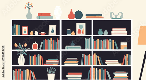 A cozy room decorated with books and decorative items.