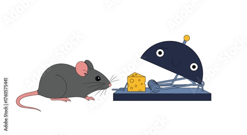 A mouse cautiously approaches a cheese baited mousetrap.