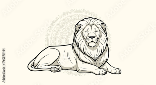 A majestic lion with a flowing mane rests peacefully on a plain background.