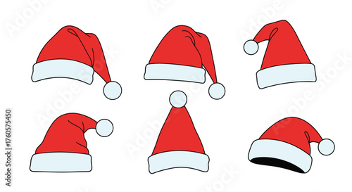A collection of red christmas hats with white fluffy trim.