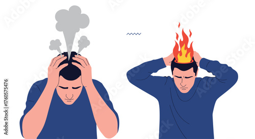 Two men experiencing mental distress with one's head steaming and the other's on fire.