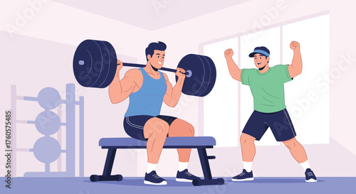 A man is lifting weights with a trainer watching him.